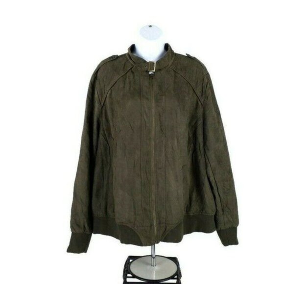 Ruff Hewn Green Faux Suede Bomber Style Zip Front Jacket Womens 2X Military - Picture 14 of 14
